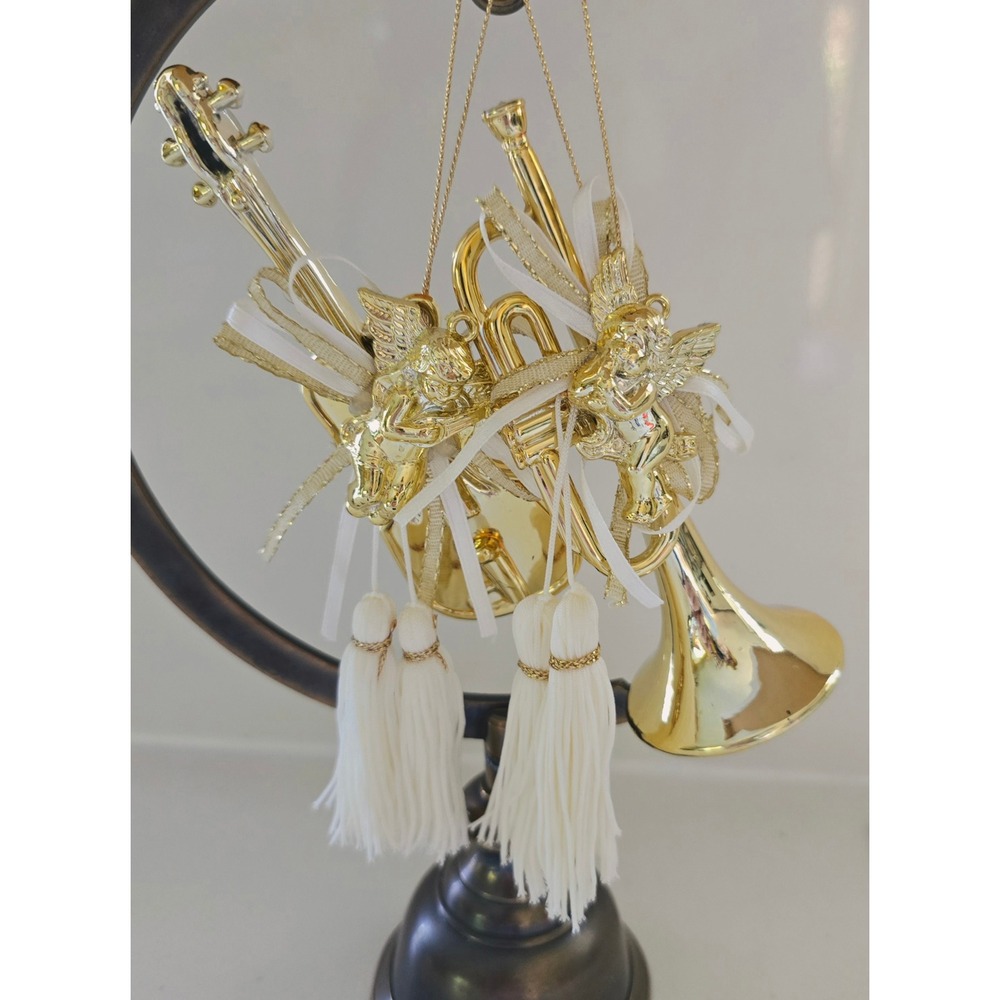 New Vintage Style Gold Instruments Angel Ornaments Trumpet Violin Set of 2